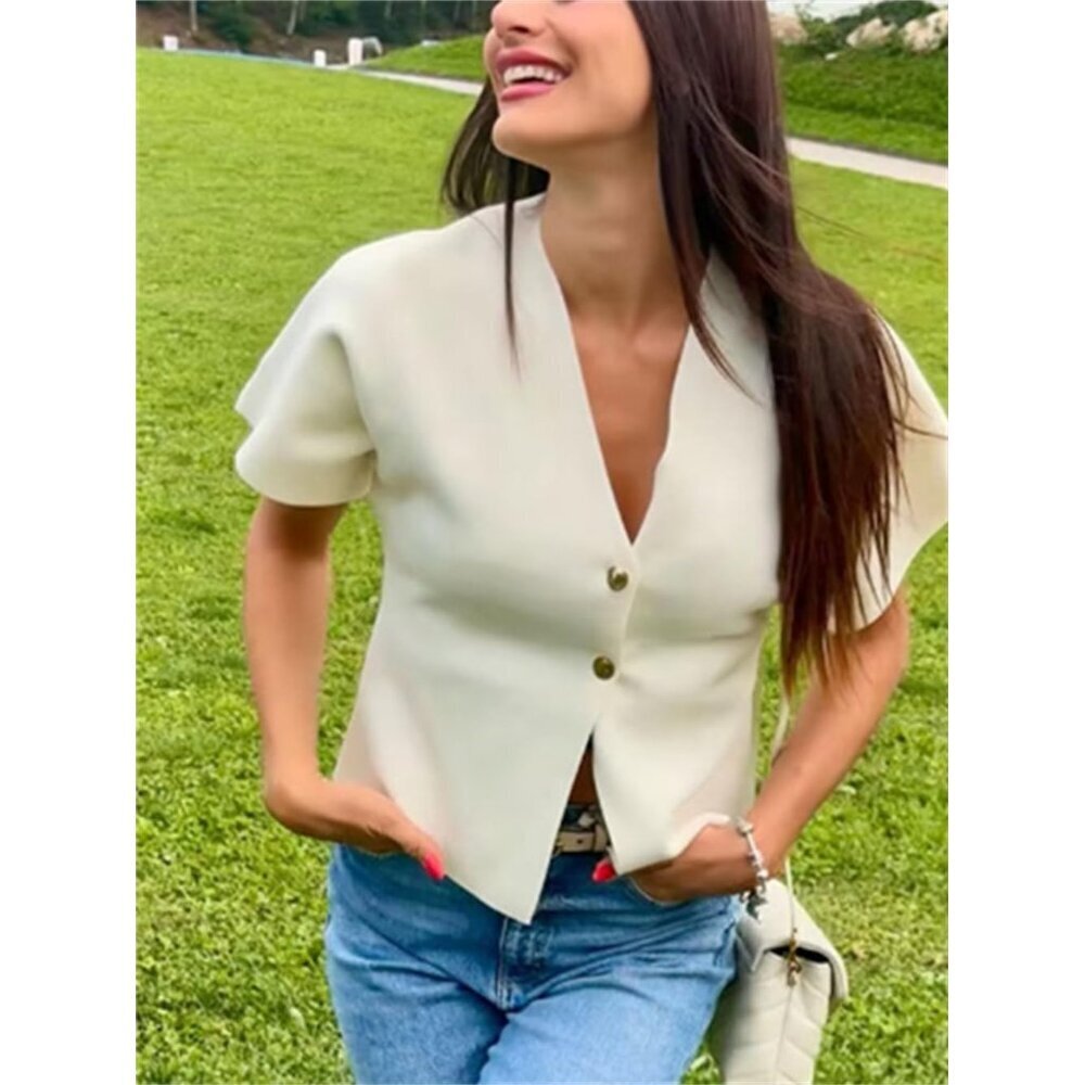 Women's V Neck Short Sleeve Cardigan Sweater Button Front Knit Top - Picture 6 of 9